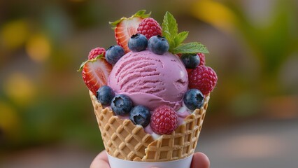 Pink Ice Cream Cone with Fresh Berries