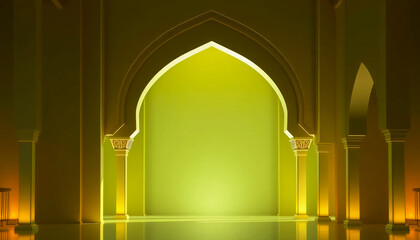 Elegant Islamic arch illuminated with green glowing light, perfect for Ramadan, Eid al-Fitr, Eid al-Adha, and Islamic celebration designs.