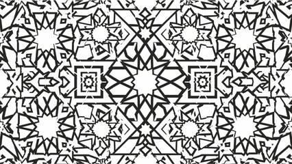 Fototapeta premium Seamless abstract black and white pattern featuring geometric shapes and star motifs, creating a