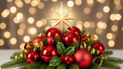 Traditional Christmas decorations isolated on transparent: a cluster of vibrant red ornament balls with a shining star on top. The arrangement feels joyful and celebratory, with a classic holiday colo