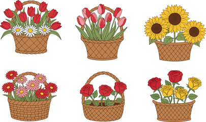 Colorful flower basket collection with tulips, roses, daisies, sunflowers, gerberas in decorative arrangements for spring, festive, botanical design themes