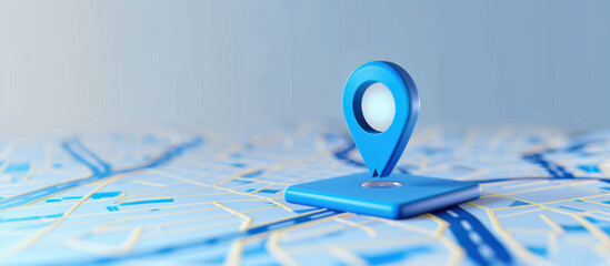 Digital Navigation: A vibrant blue location pin elegantly poised on a detailed map, symbolizing precision and effortless navigation, inviting viewers to explore new horizons and discover hidden gems.