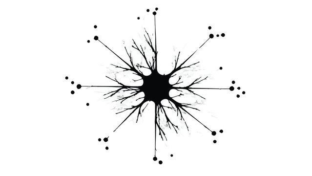 Intricate black neuron illustration with radiating connections on white background