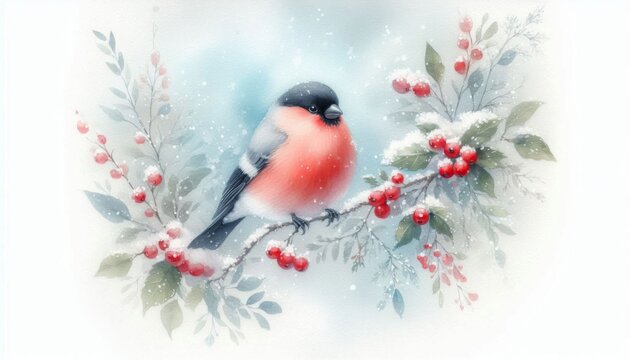 Gimpel sitzt auf verschneitem Zweig mit roten Beeren im zarten Aquarellstil und schafft poetische nat&uuml;rliche Winterstimmung f&uuml;r Karten Poster und Designs Generative KI