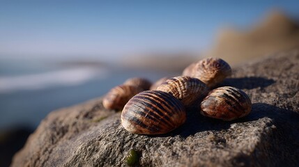 Several small striated shells clustered on a rock by the ocean shore under a clear blue sky