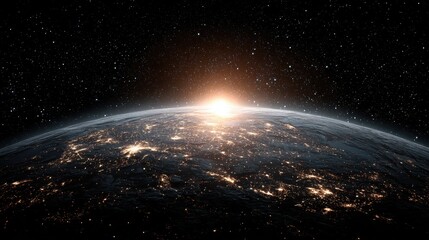 Cosmic Sunrise over Illuminated Celestial Sphere in Vast Black Space with Glittering Stars