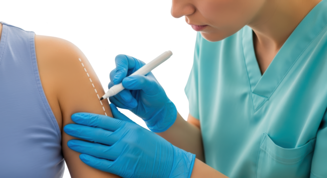 Medical professional draws surgical markings on patient s shoulder with marker pen isolate Doctor Surgeon - Powered by Adobe