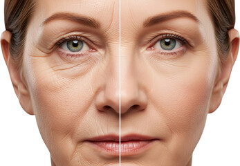 Split image showing aging skin with wrinkles and smoother skin isolate face beauty woman dermatology