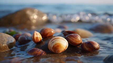Close up view of colorful clams and pebbles on a wet beach at sunrise with gentle waves in the background