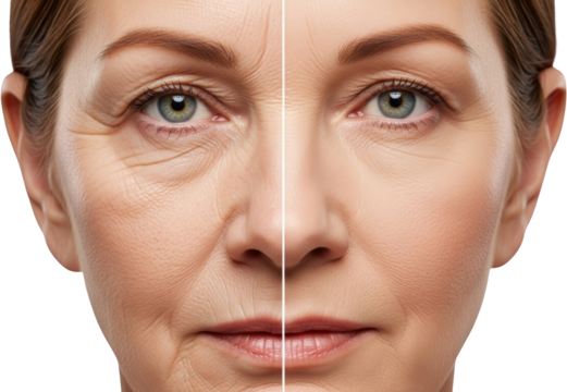Split image showing aging skin with wrinkles and smoother skin isolate face beauty woman dermatology