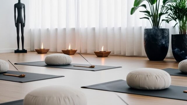 Meditation practice in a bright room with cushions, plants, and soft lighting in the morning