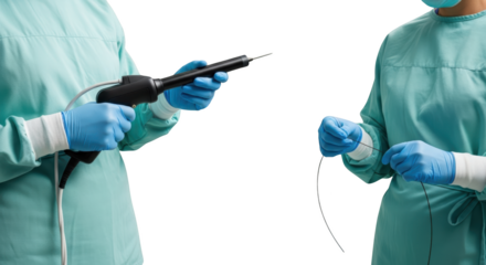 Surgeon's hands in blue gloves holding medical device and wire isolate surgery healthcare operation instrument