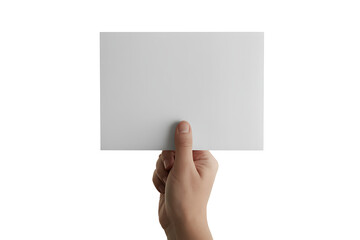 Fototapeta premium Hand holding a blank white rectangular card, isolated on white background