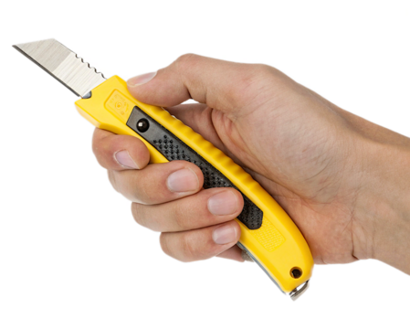 hand holding a yellow utility knife png transparent background	
