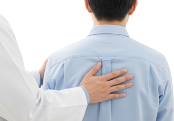 Doctor's hand gently placed on patient's back examining shoulder area isolate examination medical healthcare