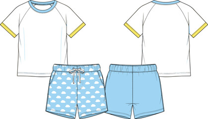 Cute cloud print summer pajama set with short sleeve top and drawstring shorts, front and back fashion flat illustration