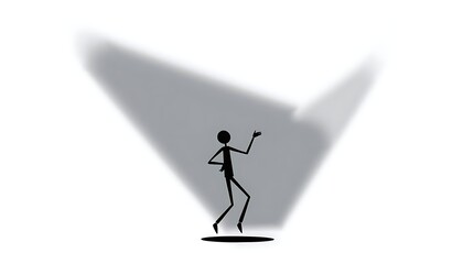 Stylized stick figure under spotlight performing on white background