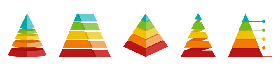 Multilevel pyramid shapes with bright layered segments in warm and cool tones. Each form shows a structured step arrangement for clear visual hierarchy