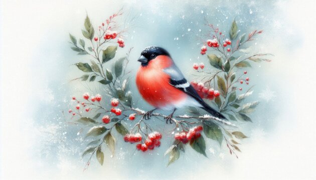 Gimpel sitzt auf verschneitem Zweig mit roten Beeren im zarten Aquarellstil und schafft poetische nat&uuml;rliche Winterstimmung f&uuml;r Karten Poster und Designs Generative KI