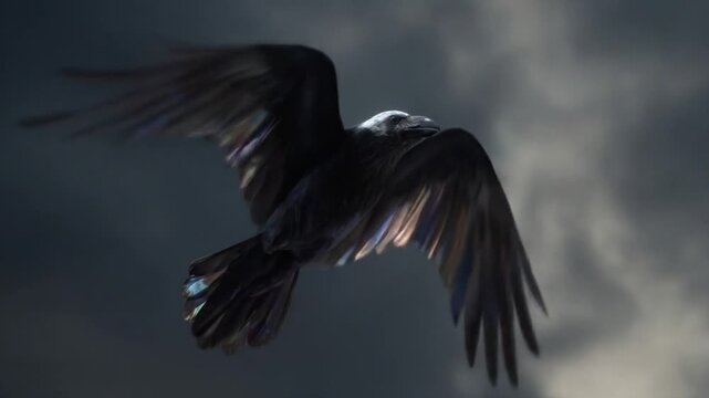Soaring raven in flight against dramatic sky and sunlit wings