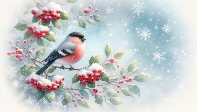 Gimpel sitzt auf verschneitem Zweig mit roten Beeren im zarten Aquarellstil und schafft poetische nat&uuml;rliche Winterstimmung f&uuml;r Karten Poster und Designs Generative KI