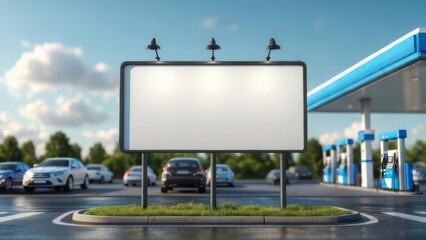 Large Blank Billboard Mockup with Spotlights at Modern Gas Station, Blurred Cars, Bright Blue Sky