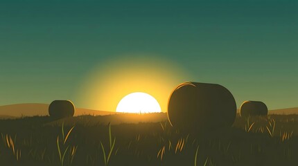 Sunset over field silhouettes golden sunlight and scenic background