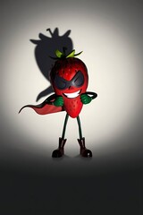Superhero tomato character standing posing with dramatic lighting and shadow