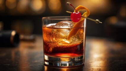 Old Fashioned Cocktail: Amber Liquid, Ice, and Garnish in Warm Lighting