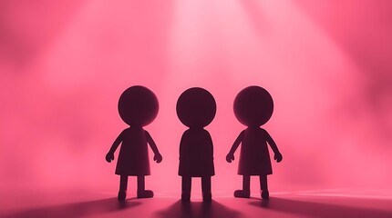 Three abstract figures standing together under soft pink spotlight illumination