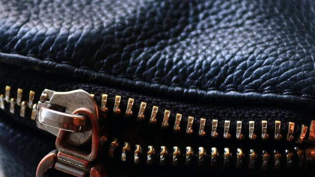 A close-up view of a zipper on a black purse, ideal for fashion or accessory photography