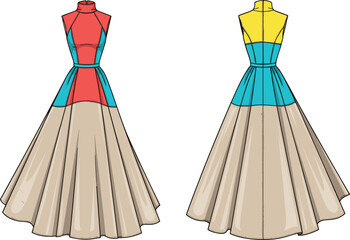 Elegant fashion dress front and back view with color block bodice, flared beige skirt, high neckline, hourglass silhouette vector