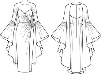 Elegant fashion illustration of draped dress design with voluminous sleeves, sweetheart neckline, front and back view garment construction details