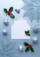 Festive flat lay with a white open envelope and blank card surrounded by silver Christmas baubles, glittery fern branches, and vibrant red holly berries.