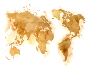Earth map rendered as faded coffee stain, floating on black background. Soft watercolor texture and irregular edges
