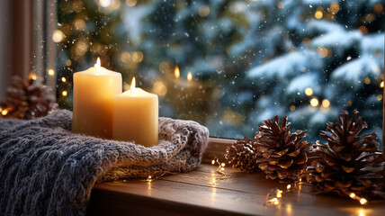 Cozy winter window scene with candles and christmas lights