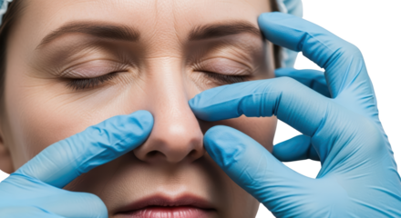 Close up of a woman's nose being examined by gloved hands medical checkup healthcare examination doctor transparent background