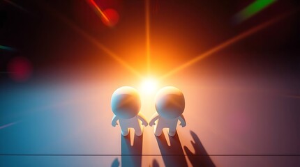 Two abstract figures standing illuminated by bright central light