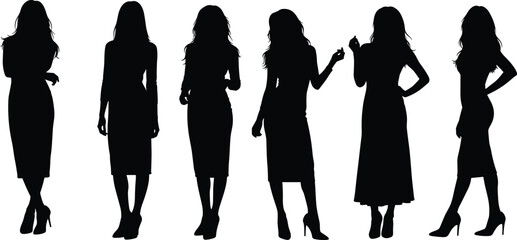 Elegant female silhouettes in stylish dresses and heels showcasing diverse fashion poses for modern art, character design, and branding concepts