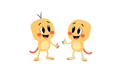 Two cheerful cartoon characters with smiling faces isolated on white background