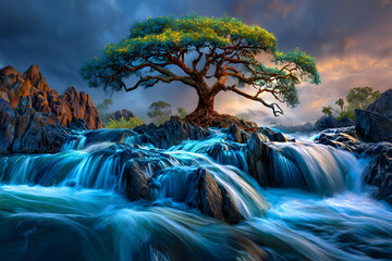 Majestic Tree on Rocky Waterfall with Dramatic Sky