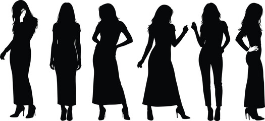 Elegant female silhouettes in fashion poses wearing dresses and heels, perfect for style, posture, and design-themed vector illustrations.