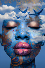Surreal Portrait with Blue Patterns and Birds