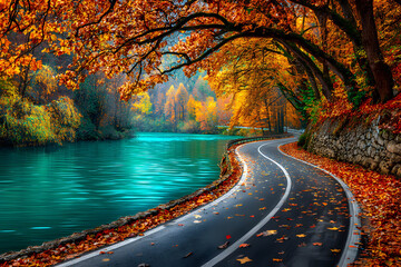 Serene Autumn Drive by the Glittering Lake