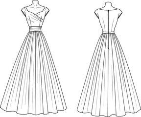Elegant formal gown technical fashion illustration front and back view with pleated skirt, fitted bodice, short sleeves and zipper closure