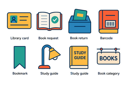 Library-related colorful icons set