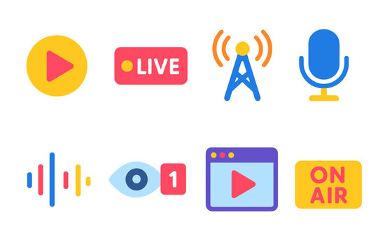 Broadcasting and Media Colorful Icons Set
