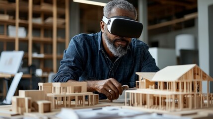 VR Architect: A focused architect, immersed in virtual reality, meticulously examines a model house. Innovative technology blends with traditional design.