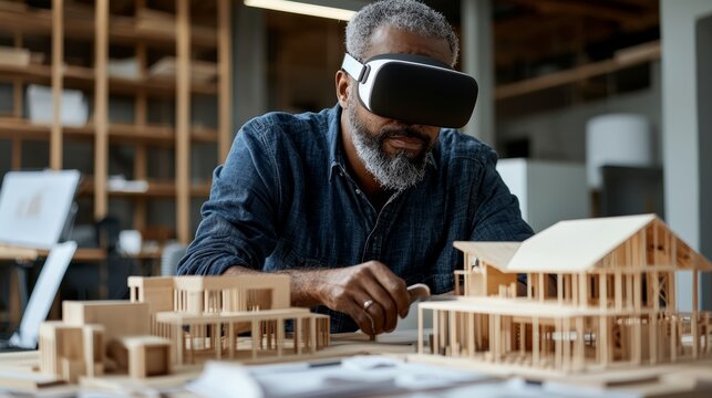 VR Architect: A focused architect, immersed in virtual reality, meticulously examines a model house. Innovative technology blends with traditional design.