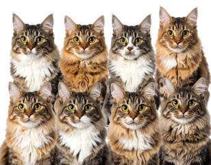 Eight fluffy, brown tabby cats with striking eyes, arranged in two rows, against a black background